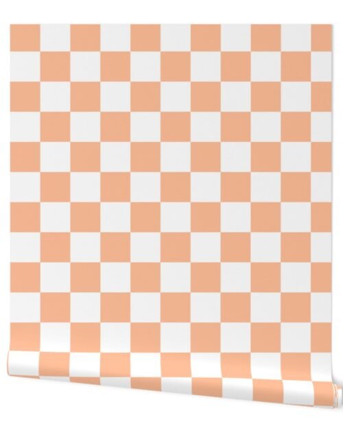 Large Checkerboard Checks in Peach Fuzz Color of the Year 2024 and White Wallpaper