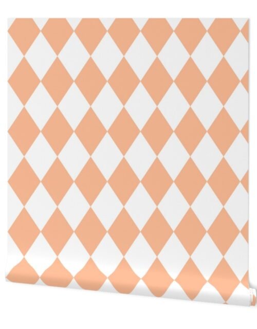 Large Diamond Checks in Peach Fuzz Color of the Year 2024 and White Wallpaper