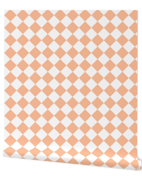 Medium Diagonal Diamond Checks in Peach Fuzz Color of the Year 2024 and White Wallpaper