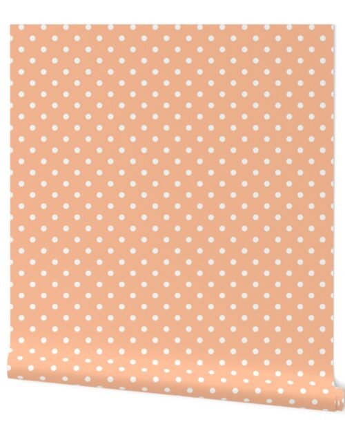 One Inch Polka Dot Spots in Peach Fuzz Color of the Year 2024 and White Wallpaper