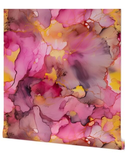 Dawn Pink, Yellow and Rose Gold Alcohol Ink Liquid Swirls Wallpaper