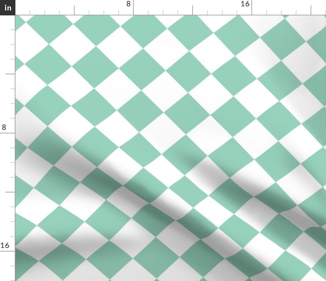 2 inch Diagonal Checkerboard Merry Bright Christmas Harlequin Pattern in Mint Green and White Diamond Checked Fabric