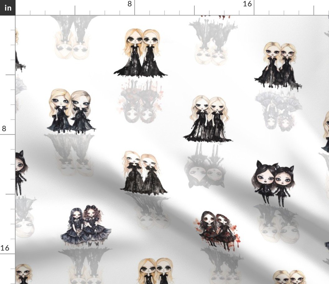 3 inch Big-Eyed Evil Doll Twins in Black with Ghostly Reflection Shadows Fabric