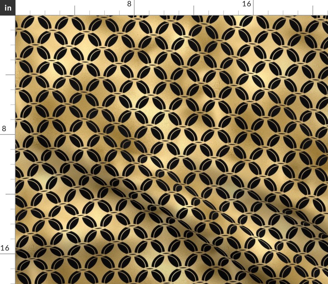 4 Leaf Quatrefoils in Black and Gold Vintage Faux Foil Art Deco Vintage Foil Pattern Fabric