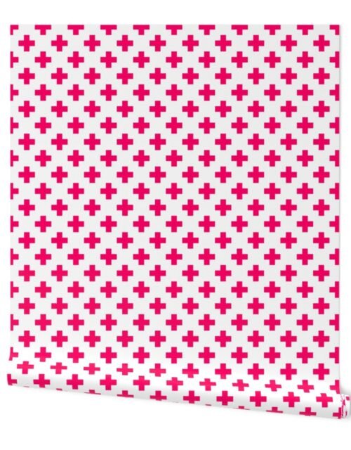 Hot Neon Pink Crosses on White Wallpaper