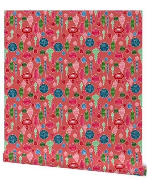 Vintage Christmas Ornments Multi on Rose Wallpaper