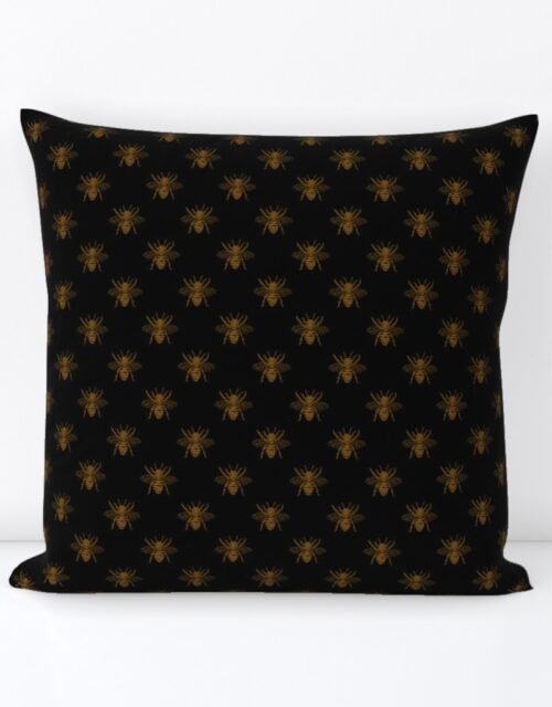 Royal Gold Queen Bees on Black Square Throw Pillow