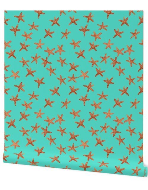 Aqua, Coral and Gold Starfish Hand-Painted Watercolor on Aqua Wallpaper