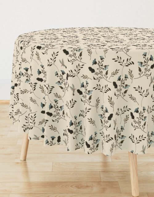 Blue Bluebells and Bluebirds Floral Pattern Cream Round Tablecloth