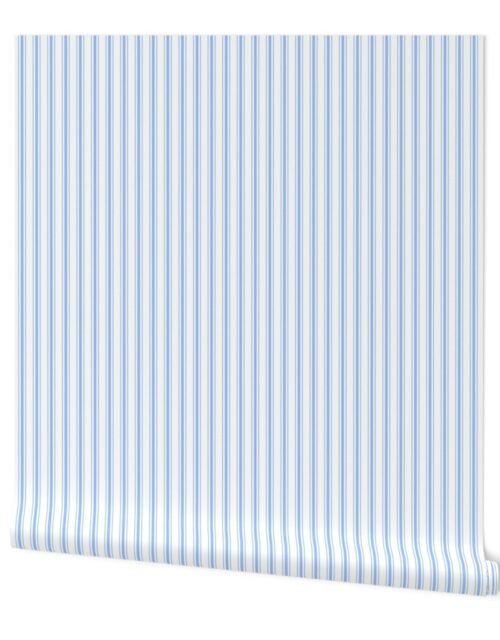 Mattress Ticking Narrow Striped Pattern in Pale Blue and White Wallpaper