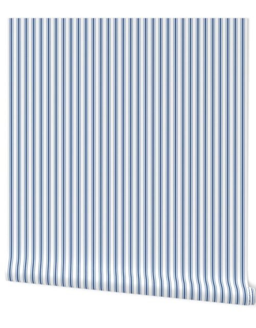 Mattress Ticking Narrow Striped Pattern in Dark Blue and White Wallpaper