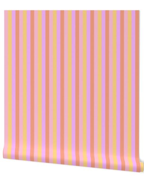 Hibiscus Hawaiian Flower Cabana Stripes in Pink, Yellow, Peach and Lilac Wallpaper