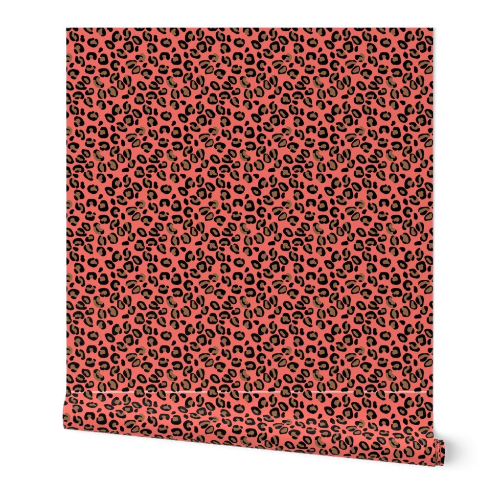 Living Color Color of the Year in Coral Beige and Black Leopard Spots Wallpaper