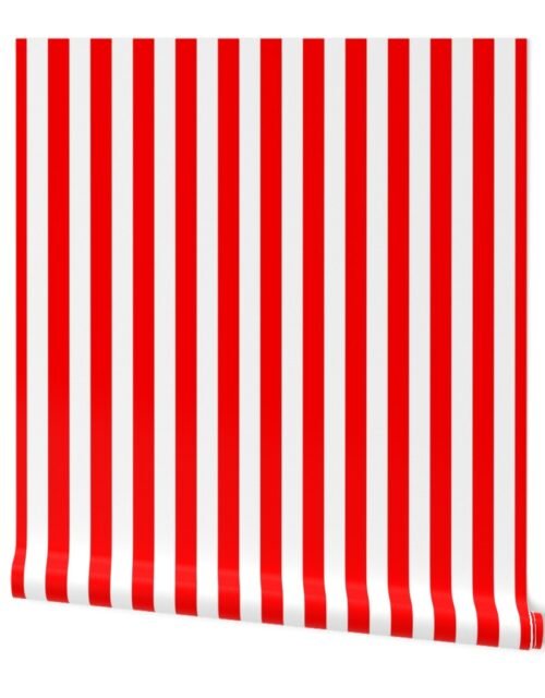 Red and White Big 1-inch Beach Hut Vertical Stripes Wallpaper