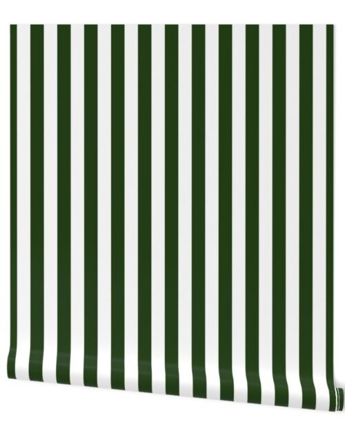 Forest Green and White Big 1-inch Beach Hut Vertical Stripes Wallpaper