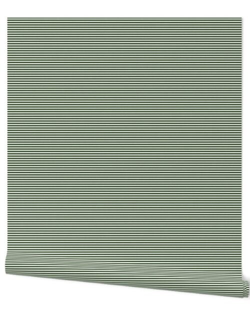 Forest Green and White 1/8-inch Thin Pencil Horizontal Stripes Wallpaper