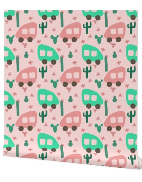 Camper Vans in Pink and Mint with Green Cactus and Pink Flowers Wallpaper