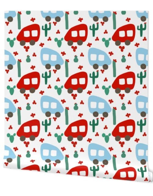 Camper Vans in Red and Blue with Green Cactus and Red Flowers Wallpaper