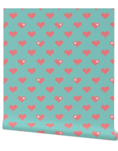 Coral Pink Aloha Love Hearts on Blue Wallpaper