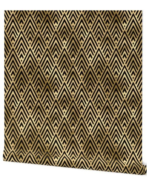 Diamond Chevrons in Black and Gold Vintage Faux Foil Art Deco Vintage Foil Pattern Wallpaper