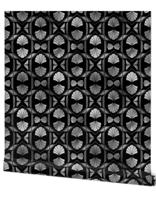 Scallop Shells in Black and Faux Silver Foil Art Deco Vintage Foil Pattern Wallpaper