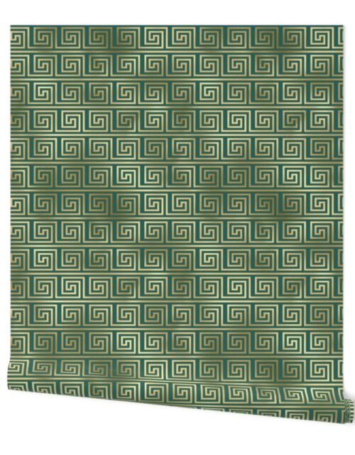 Teal and Faux Gold Foil Vintage Art Deco Greek Key Pattern Wallpaper