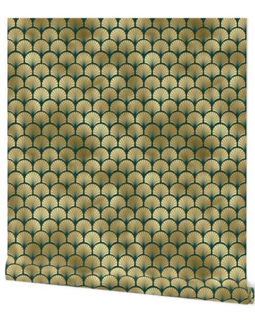 Teal and Faux Gold Foil Vintage Art Deco Fan Palms Pattern Wallpaper