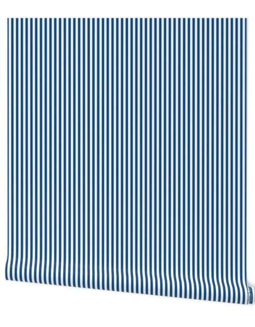 Narrow Vertical  ¼ inch Sailor Stripes in Classic Blue and White Wallpaper