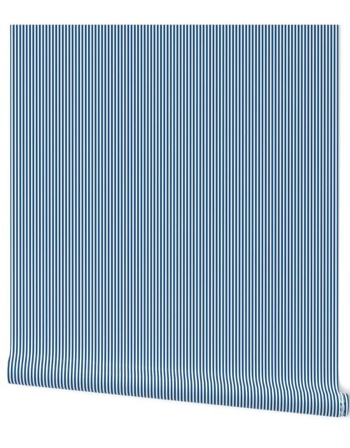 Classic Blue and White 1/8-inch Thin Pencil Vertical Stripes Wallpaper