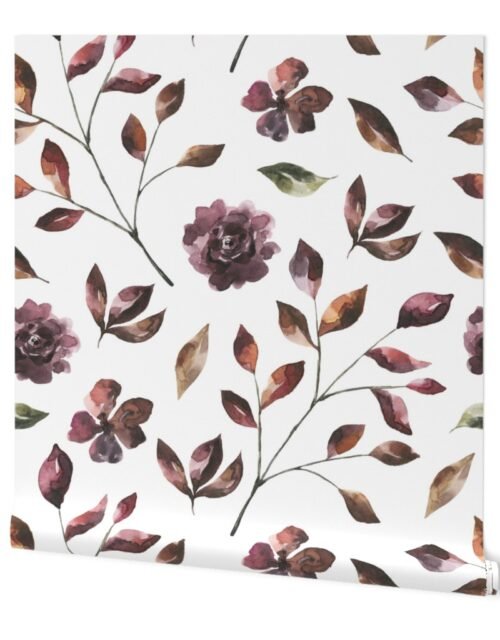 Woodsy Watercolor Wine and Moss Flowers and Vines Wallpaper