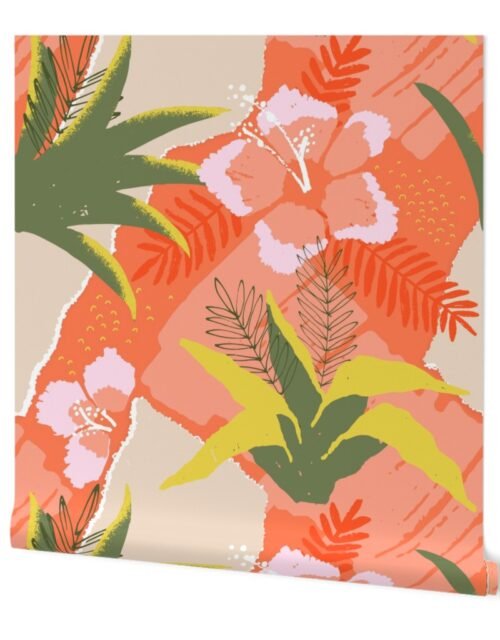 Large Coral Hibiscus Floral Abstract Seamless Repeat Pattern Wallpaper