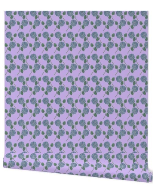 Blue Nantucket Hydrangeas Repeat on Pale Lilac Hand Painted Watercolor Wallpaper