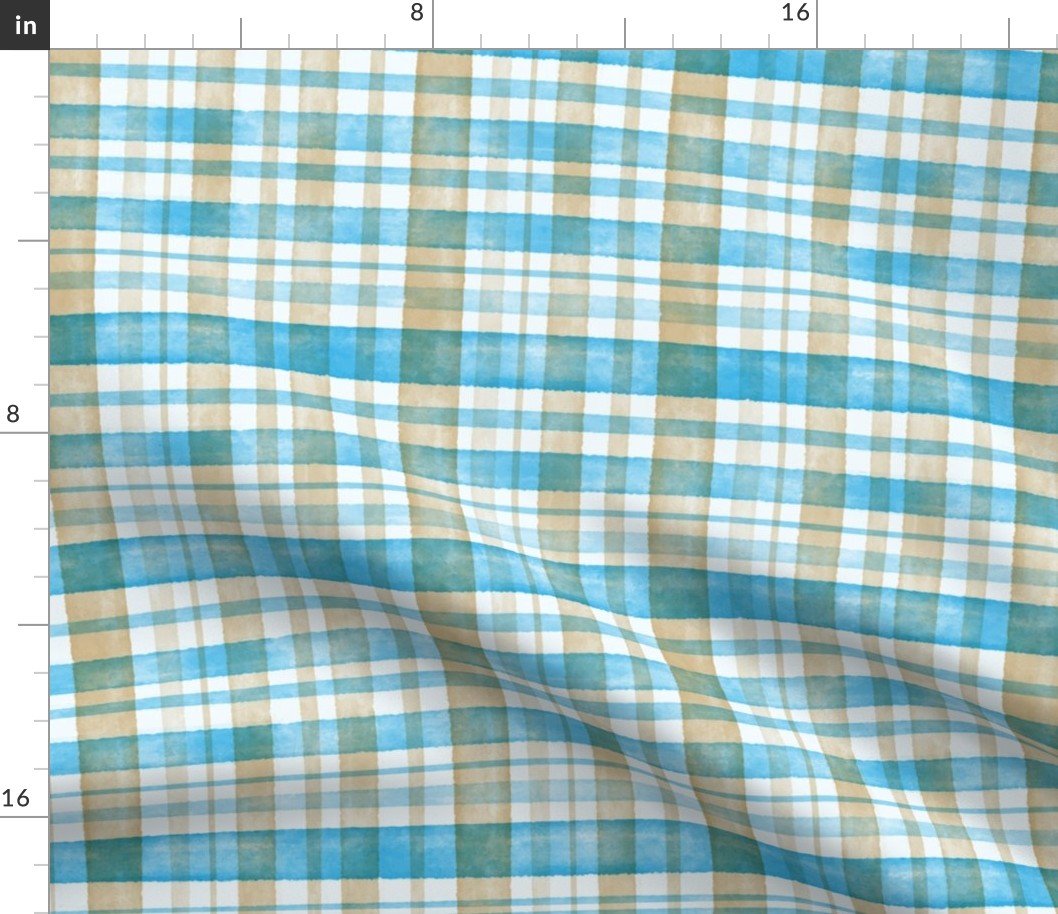 Aqua Blue and Brown Watercolor Tartan Checked Plaid Fabric