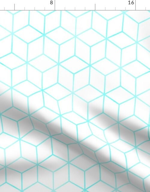 Aqua and White  Faux Metallic Silver Art Deco 3D Geometric Cubes Fabric