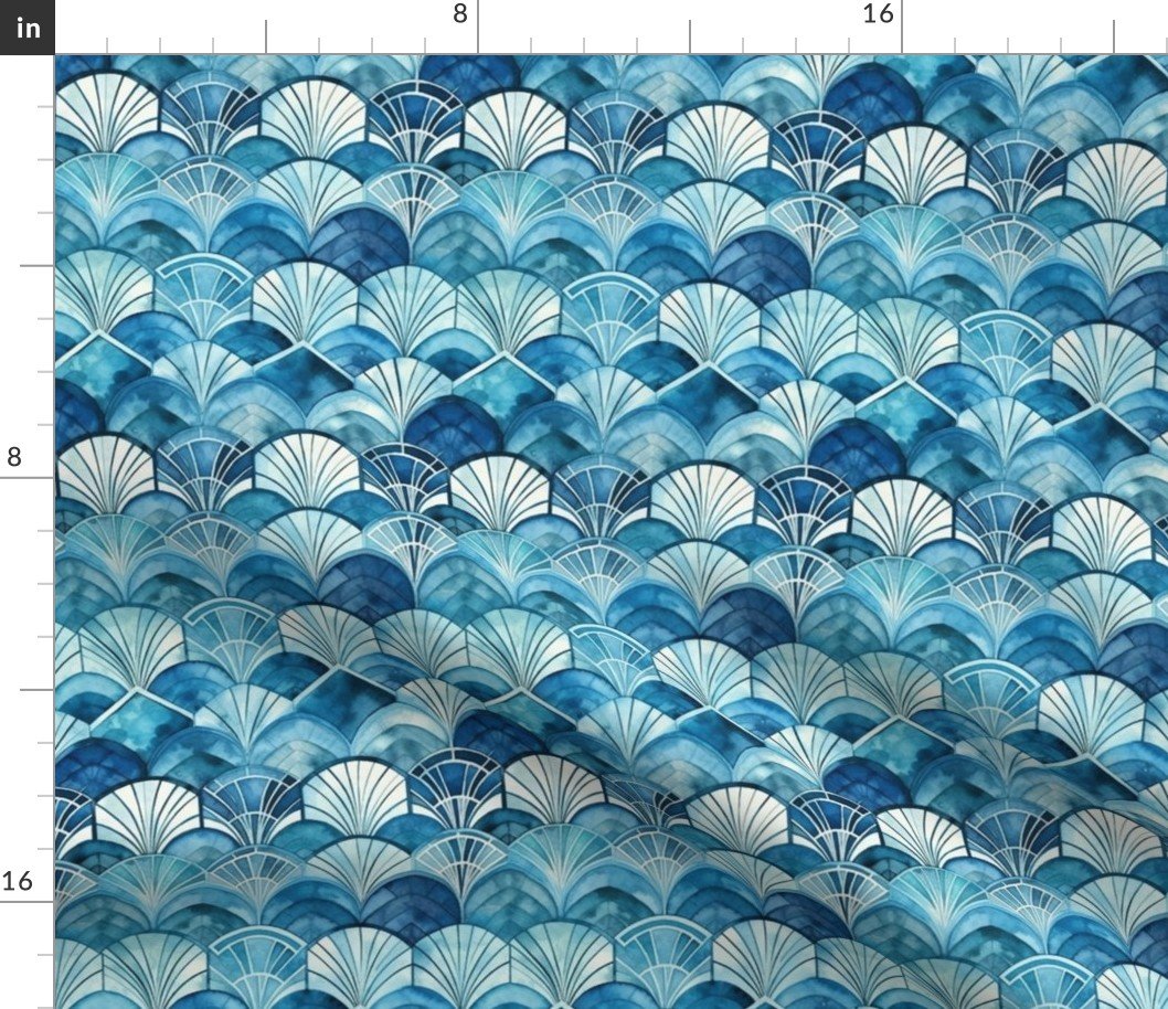 Art Deco Watercolor Fans in Blue Fabric
