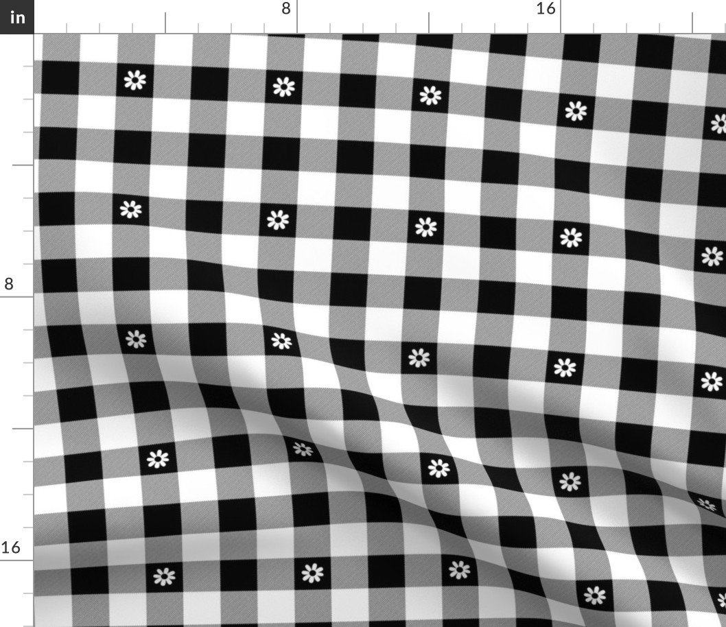 BBlack and White Gingham Check with Center Floral Medallions in White Fabric