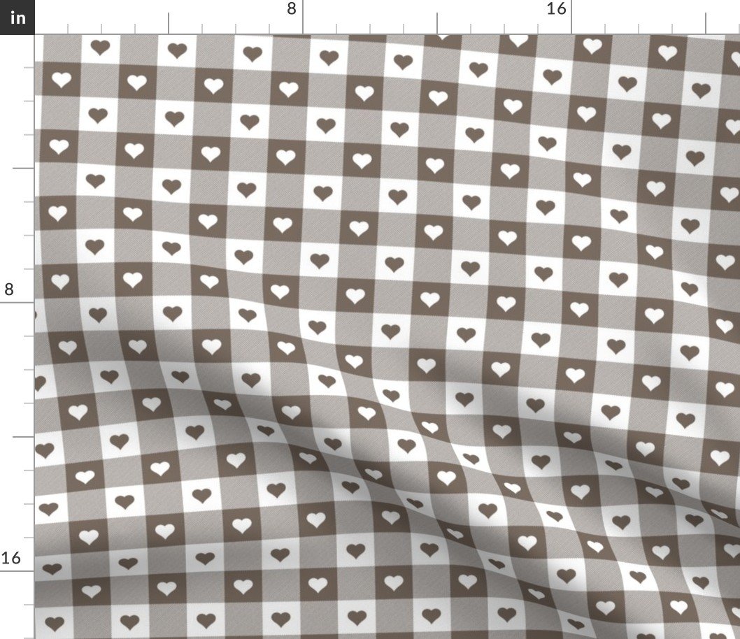 Bark and White Gingham Check with Center Hearts Medallions in Bark and White Fabric