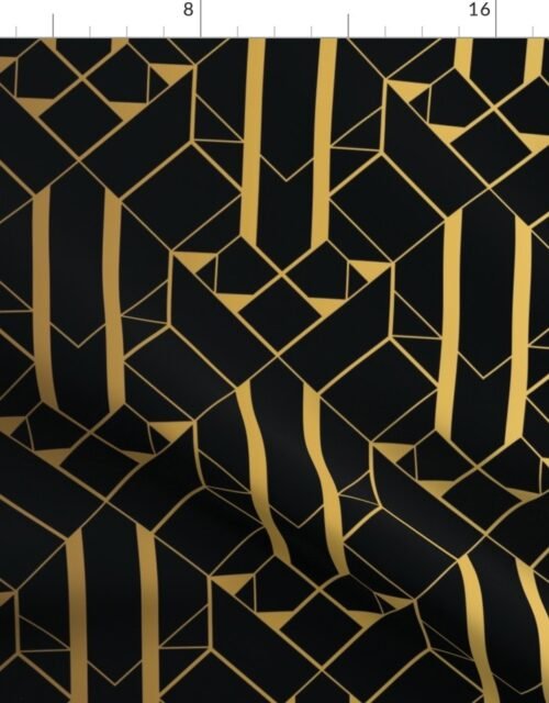 Black and Faux foil gold Vintage Art Deco Geometric Linear Repeat Pattern Fabric