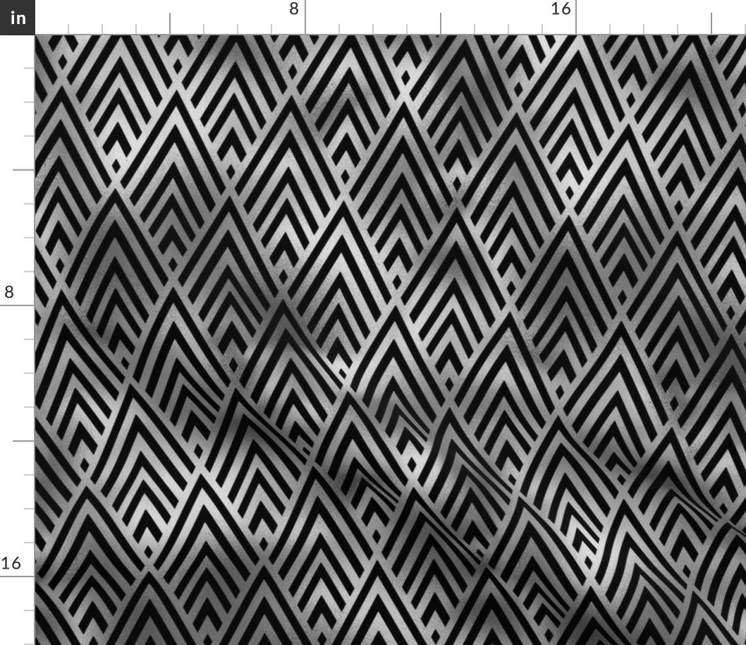 Black and Silver Faux Foil Vintage Fan Art Deco Pattern Fabric