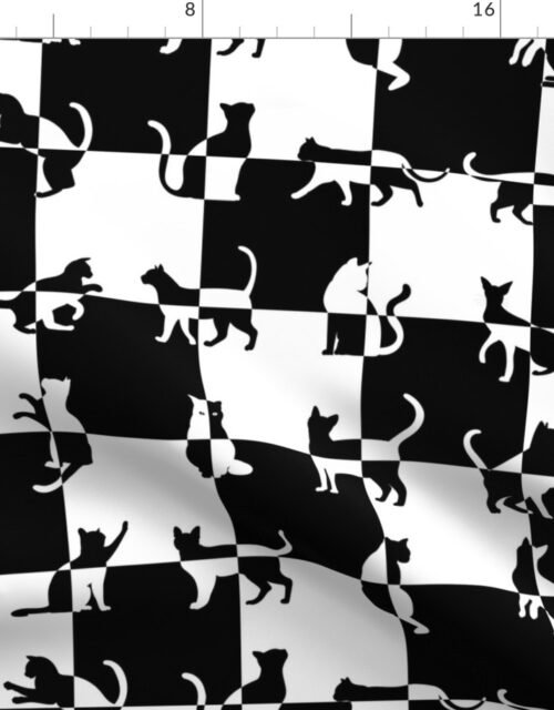 Black and White Cats on Black and White Checked Checker Board Pattern Fabric