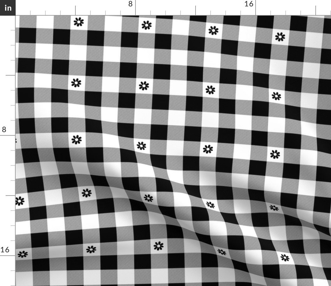 Black and White Gingham Check with Center Floral Medallions in Black Fabric