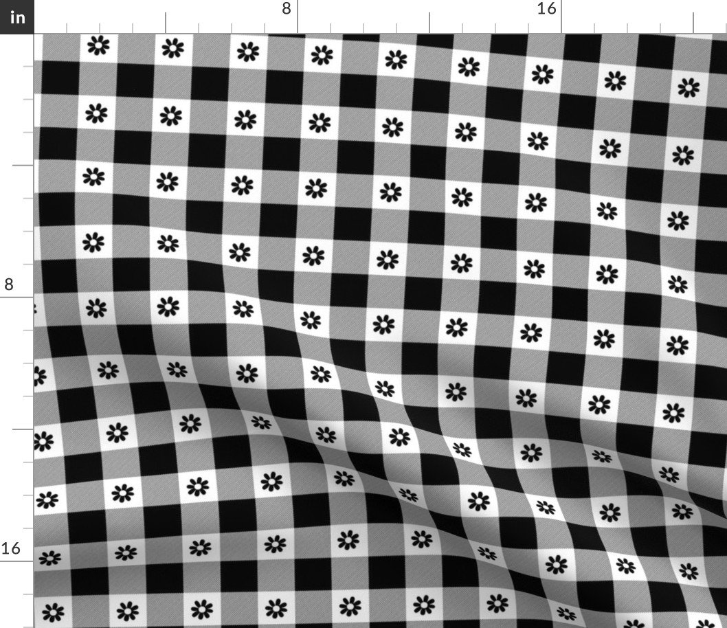 Black and White Gingham Check with Center Floral Medallions in Black Fabric