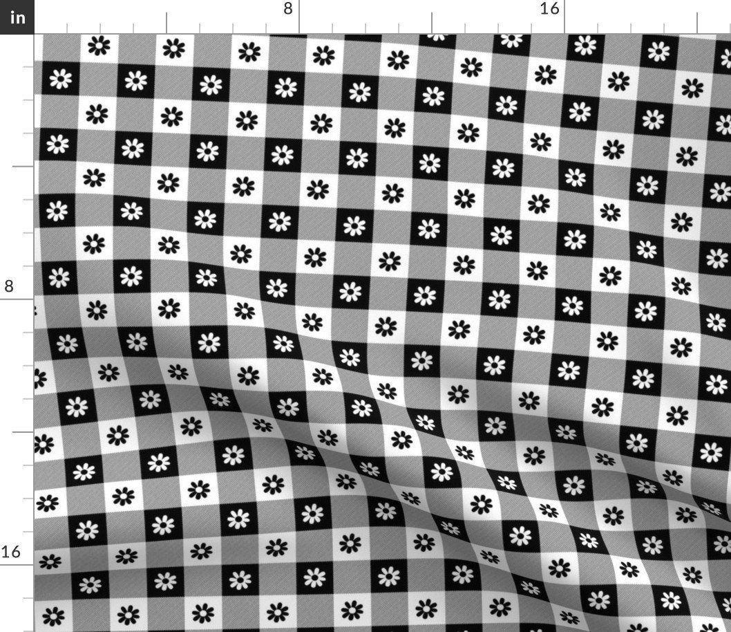 Black and White Gingham Check with Center Floral Medallions in White and Black Fabric