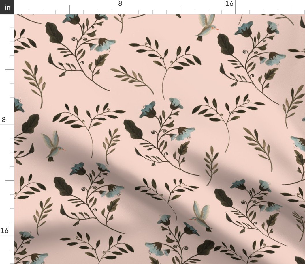 Blue Bluebells and Bluebirds Watercolored Floral Pattern on Soft Peach Fabric