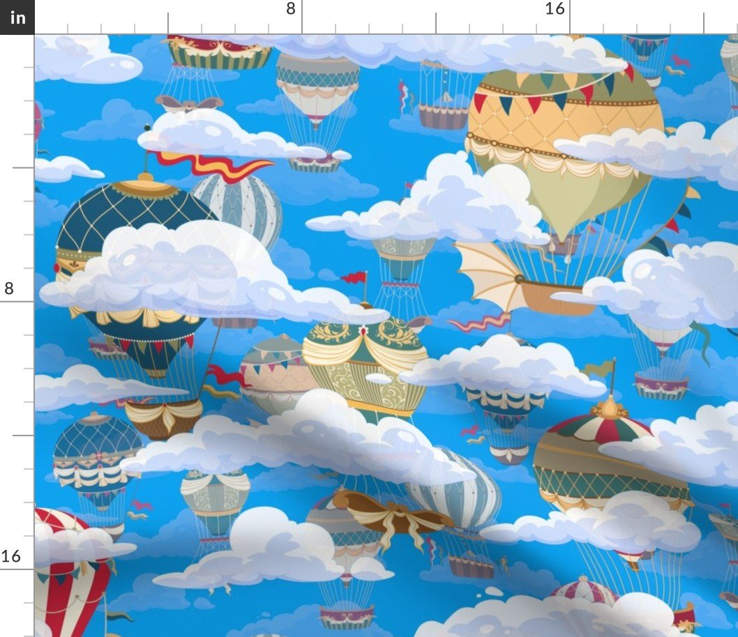 Blue Vintage Ornamental Winged Hot Air Helium Balloons in Clouds Race Fabric