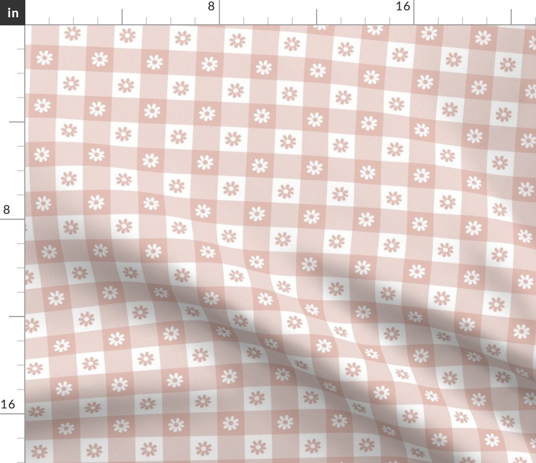 Blush  and White Gingham Floral Check with Center Floral Medallions in Blush and White Fabric