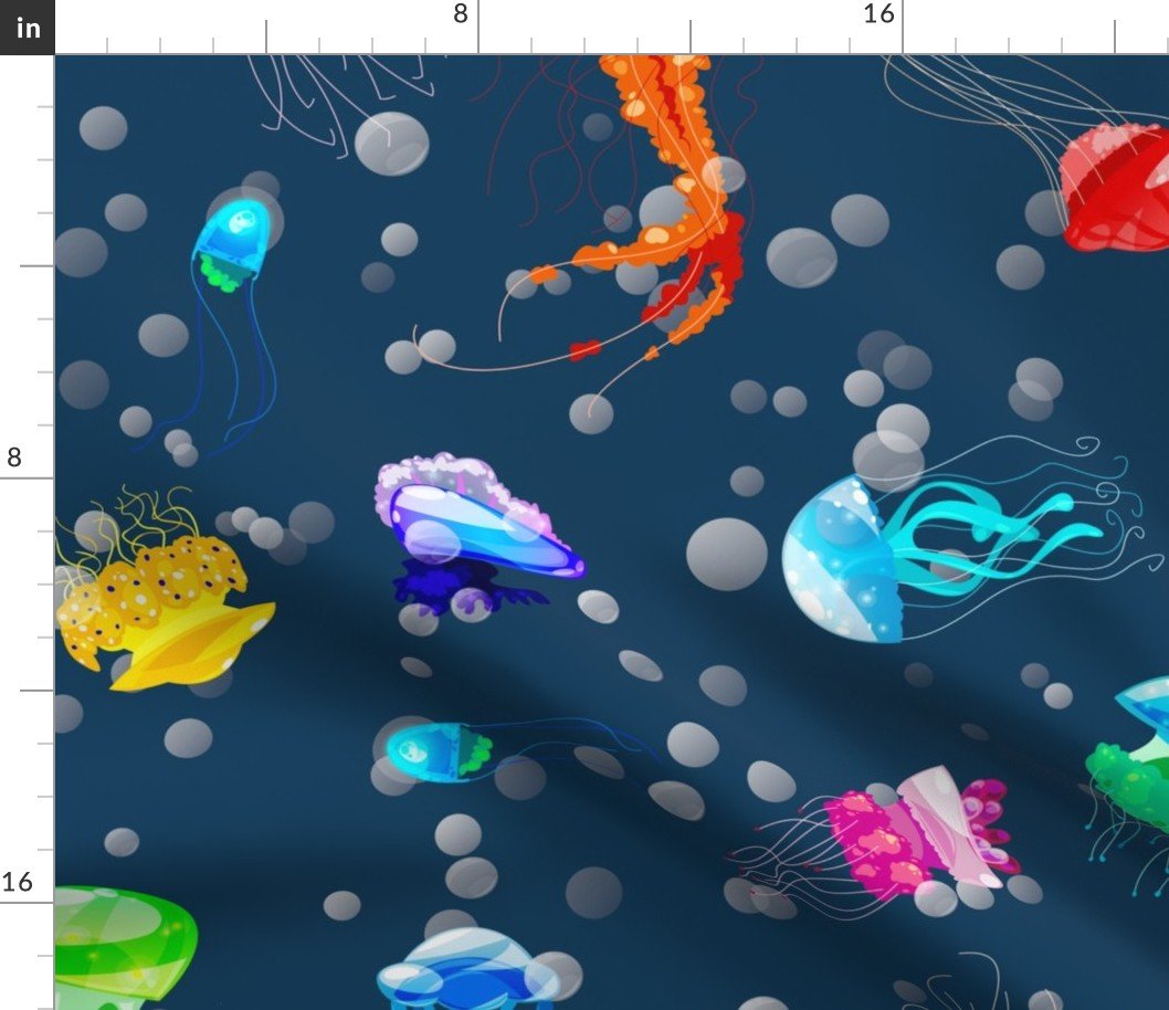Bright Neon Rainbow Colored Jellyfish in Deep Atlantic Ocean Blue Fabric