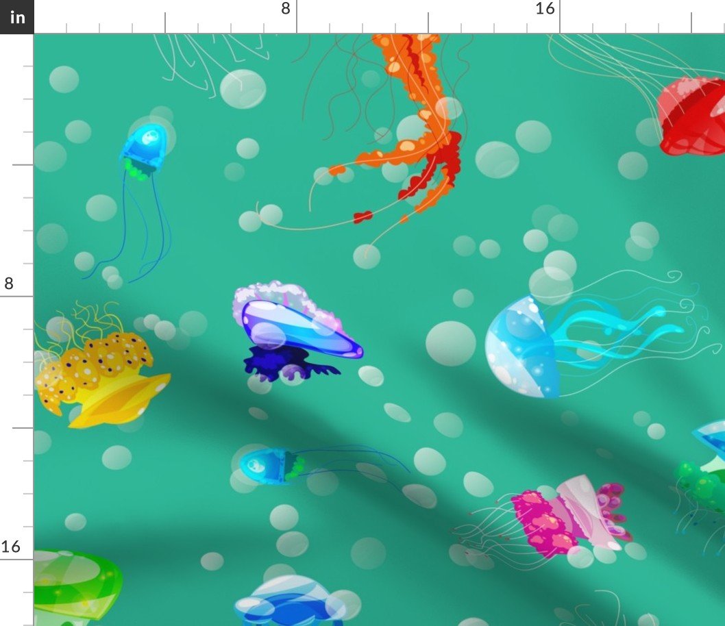 Bright Neon Rainbow Colored Jellyfish in Deep Indian Ocean Aqua Blue Fabric