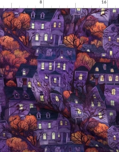 Bright Purple Haunted New England Village Watercolor Fabric