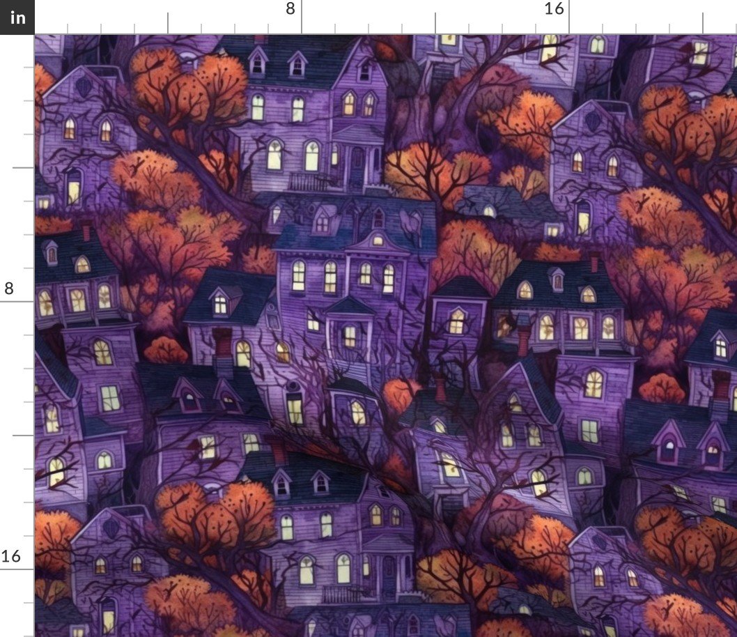 Bright Purple Haunted New England Village Watercolor Fabric